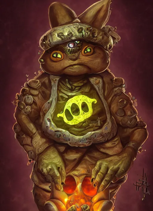 Prompt: occult fred flinstone with glowing haunted eyes, metal skin, intricate, elegant, highly detailed, centered, digital painting, artstation, concept art