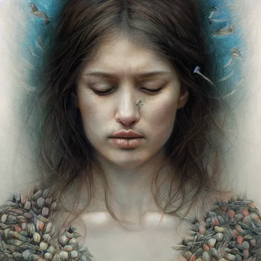 Image similar to an intricate detailed women without eyes portrait with birds by marco mazzoni