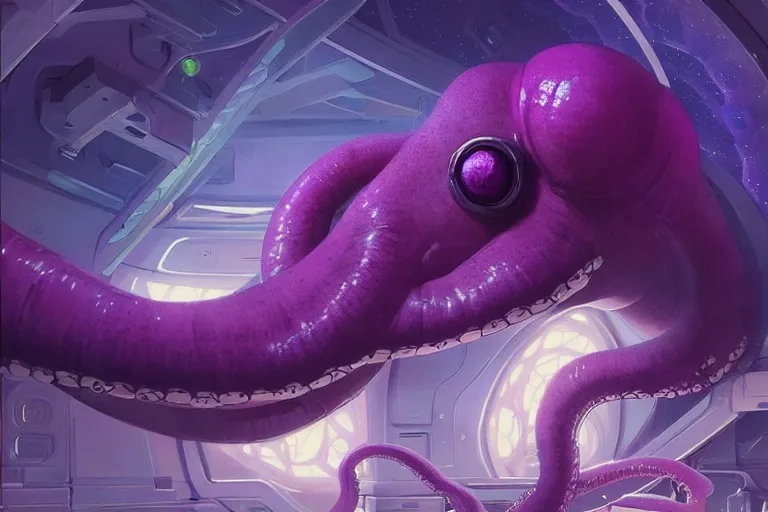 Image similar to Giant purple octopus in a space station, elegant, intricate, retrofuturistic digital painting, artstation, concept art, smooth, sharp focus, illustration, art by artgerm and greg rutkowski and alphonse mucha