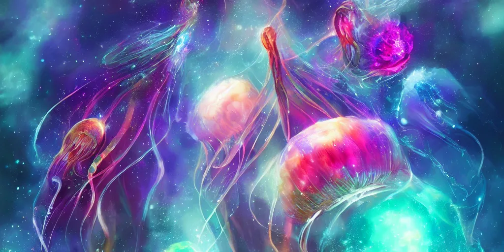 Image similar to Beautiful multi colored jellyfish in space, nebula, gorgeous, amazing, elegant, intricate, highly detailed, digital painting, artstation, concept art, sharp focus, illustration, art by Ross tran