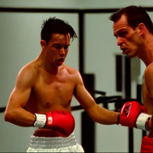 Image similar to Andrew Tate boxing in American Psycho (1999)