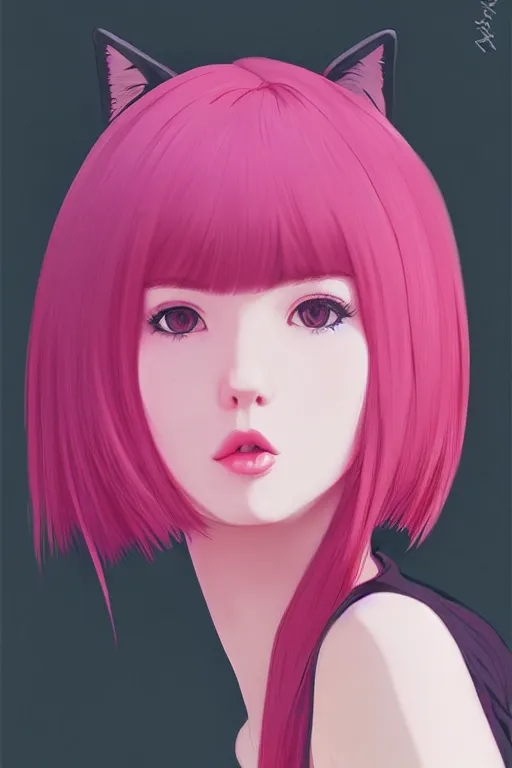 Image similar to centered detailed portrait of a beautiful shy woman with medium fuschia hair and fox ears, by Ilya Kuvshinov