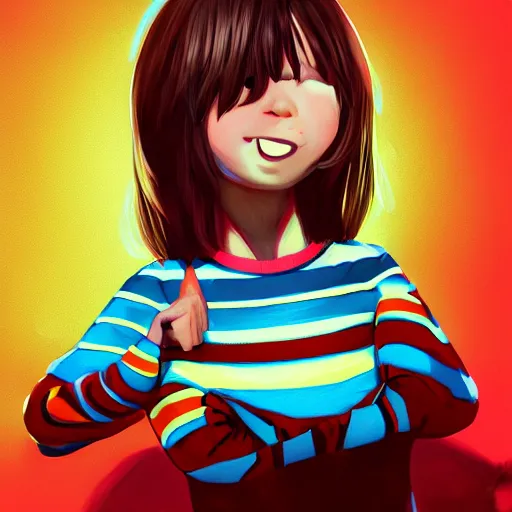 Prompt: Frisk Wearing a striped outfit, digital Painting, ultradetailed, artstation, oil Painting, ultradetailed, artstation