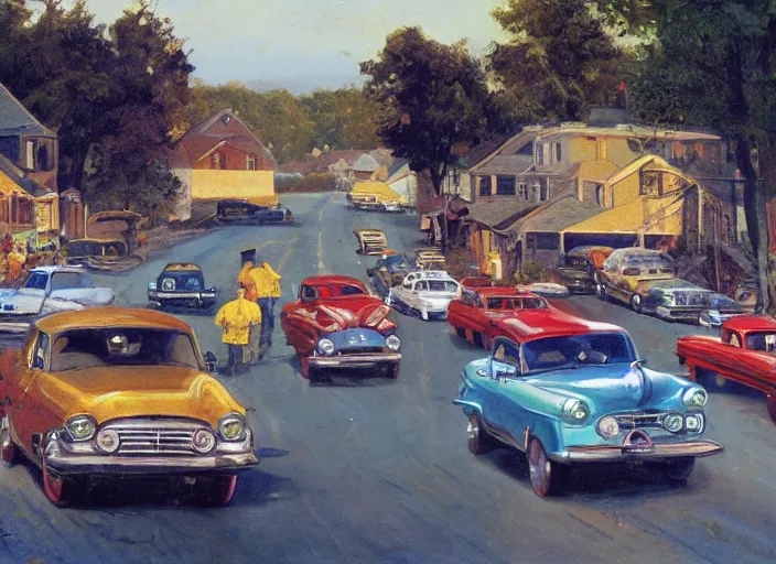 Image similar to small rural town in middle america 1950s hotrods driving down a street , vintage, high detail, golden hour, 8K, by John Berkey