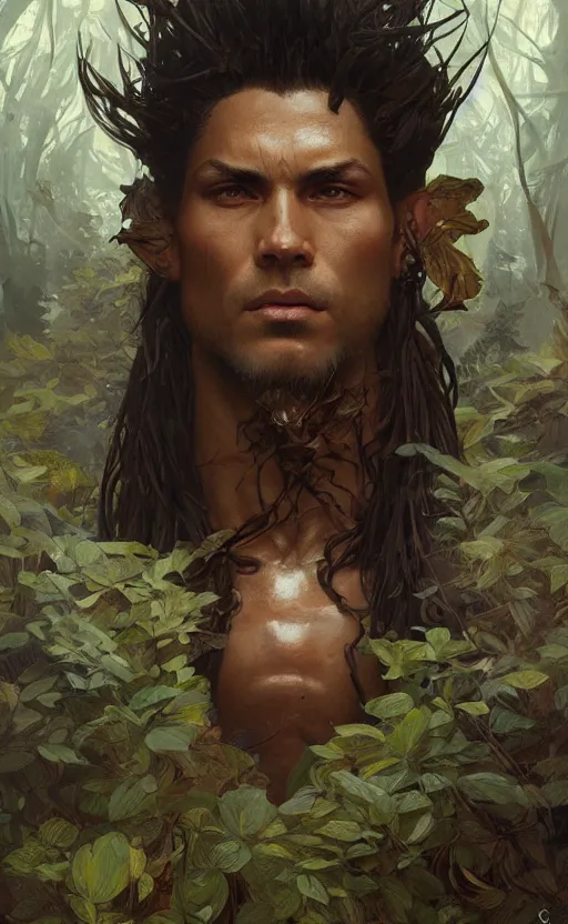 Prompt: Furious god of the forest, male, gorgeous, detailed face, clear face, amazing, muscular, intricate, highly detailed, digital painting, artstation, concept art, sharp focus, illustration, art by greg rutkowski and alphonse mucha