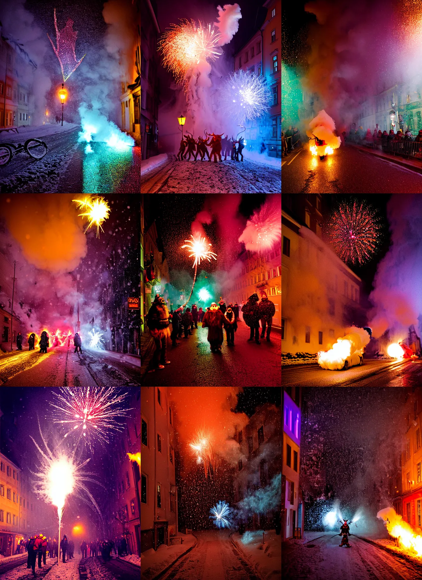 Prompt: kodak portra 4 0 0, winter, snowflakes, rainbow coloured rockets chaos glitter tornados, award winning dynamic photo of a bunch of hazardous krampus between exploding fire barrels by robert capas, motion blur, in a narrow lane in salzburg at night with colourful pyro fireworks and torches, teal lights