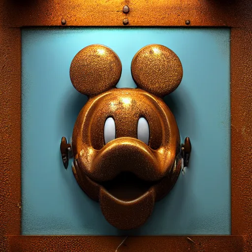 Prompt: 1 9 5 0 wartime mickey mouse head, automotive, fractal, leathery, wet, broken, melting, rococo, mycelium, baroque, sumerian, radiant alien, magic kingdom, octane render, high detail