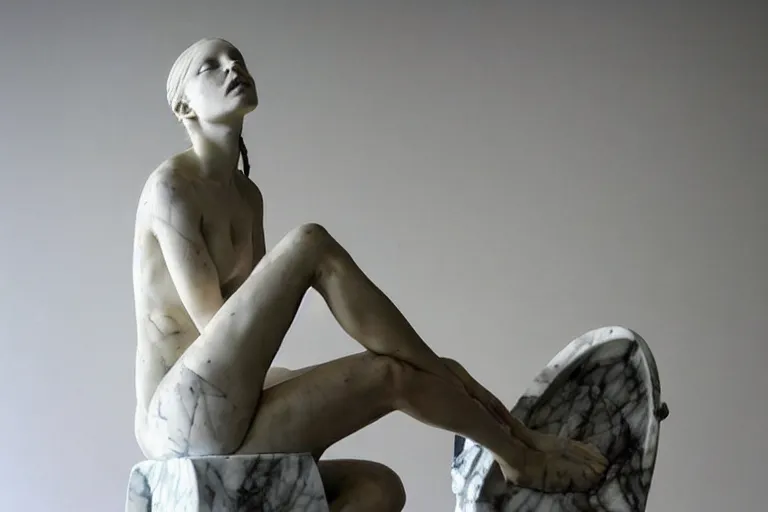 Prompt: a sculpture of a beautiful woman sitting on a chair, a white marble sculpture covered with floating water by nicola samori, behance, neo - expressionism, marble sculpture, apocalypse art, made of mist