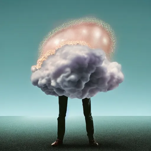 Prompt: man with head as a mushroom cloud