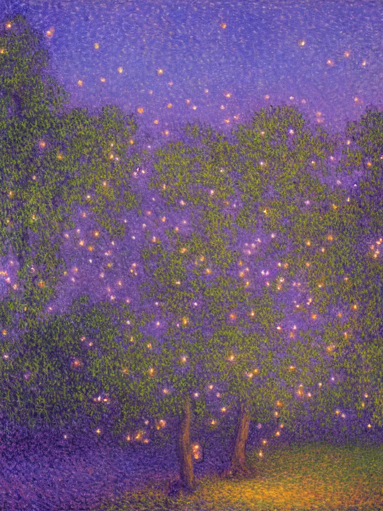 Prompt: gauzy twilight impressionist painting of fireflies in my backyard with an old apple tree in a purple cast titled'dancing in the moonlight ', intense purplish color oil painting by claude monet and paul signac, cosmic trending on artstation 8 k