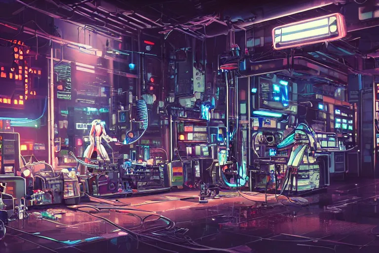Prompt: detailed robot repair shop, broken robot on ground, broken parts, androids, science-fiction, cyberpunk, neon lights, mist, cables, computer screens, girl working, windows, epic scene, 8k, illustration, art by ghibli and moebius