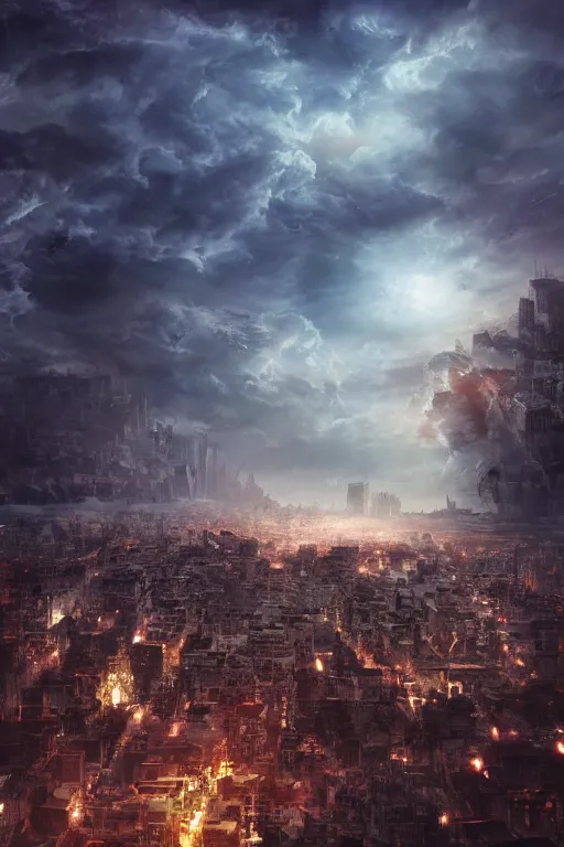 Image similar to a hole in the sky consuming an entire city, dynamic lighting, photorealistic digital art, mysterious