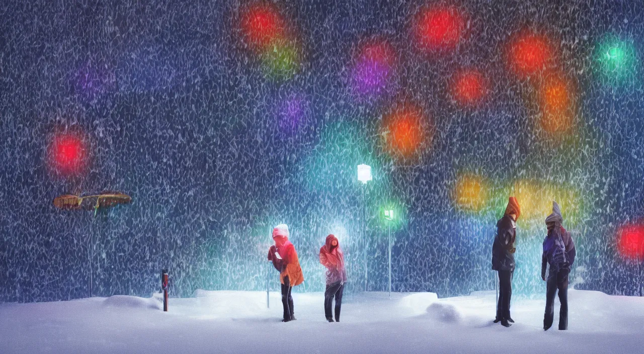 Image similar to multicolor 3 d render of two people hides in snow and rain, falling lights, rendered in maya in high resolution