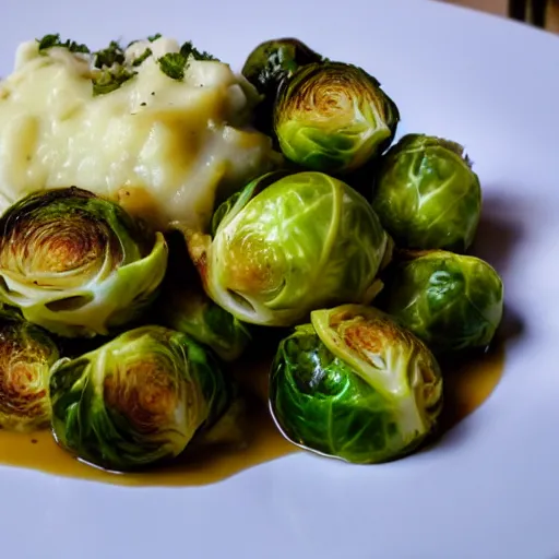 Prompt: brussel sprouts on white gravy , mashed potatoes, Michelin star, award winning