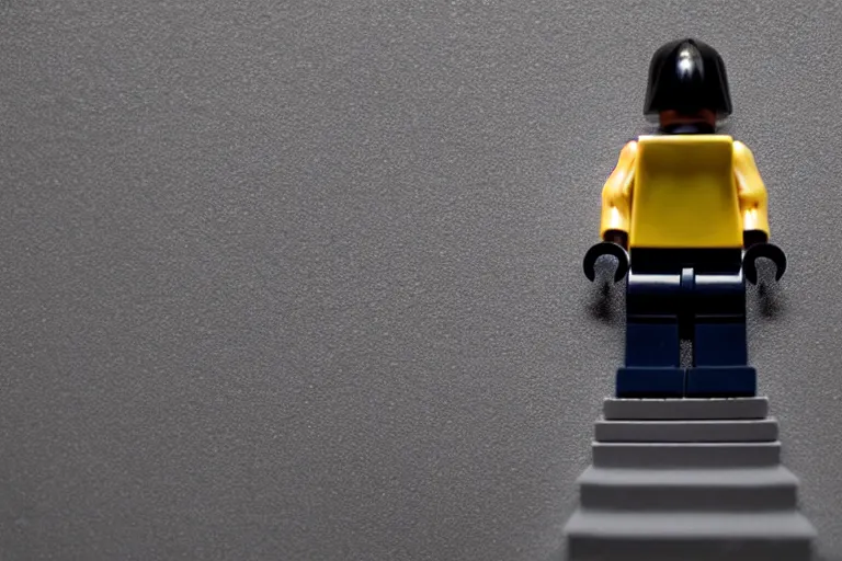 Image similar to a small faceless figure walking down a darkened stairway made of lego in a house at night, horror film