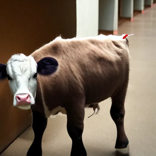 Image similar to mugshot of a cute calf dressed as an inmate inside jail