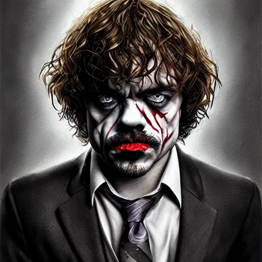 Prompt: peter dinklage as the joker, digital painting, extremely detailed, 4 k, intricate, brush strokes, mark arian, artgerm, bastien lecouffe - deharme