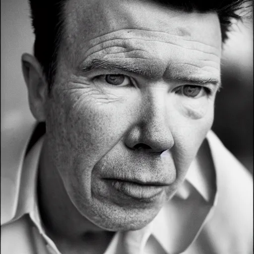 Prompt: a photo by bruce gilden of rick astley, leica s, flash, high contrast, fuji 8 0 0 film, intricate, closeup of face, beautiful