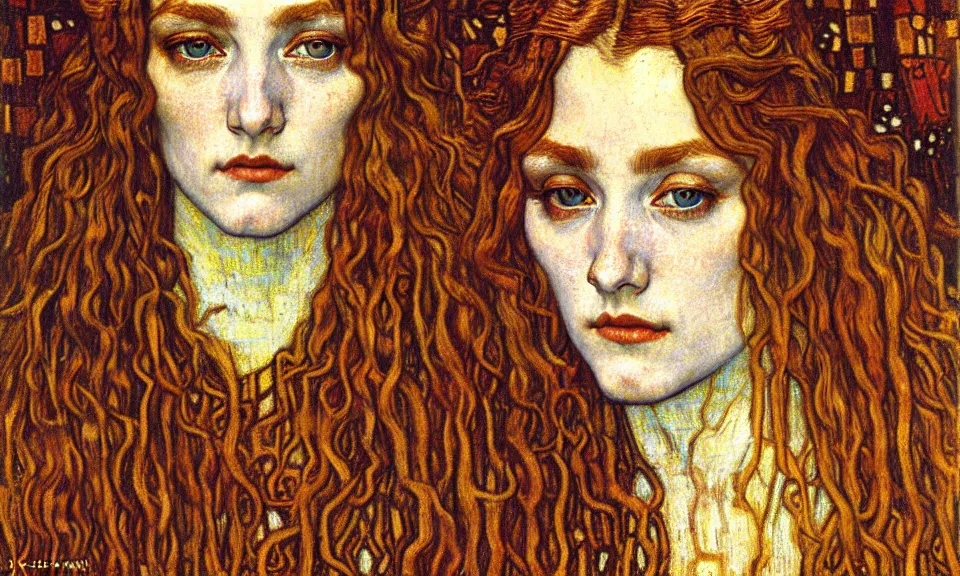 Image similar to detailed realistic beautiful young medieval queen face portrait by jean delville, gustav klimt and vincent van gogh, art nouveau, symbolist, visionary, gothic, pre - raphaelite, muted earthy colors, desaturated