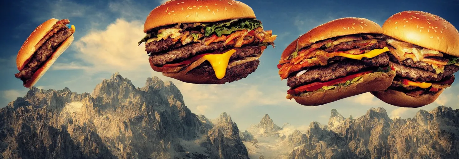 Prompt: a small figure looks up at a giant burger mountain range, megalophobia, digital art, striking, photorealistic, brightly lit, masterpiece