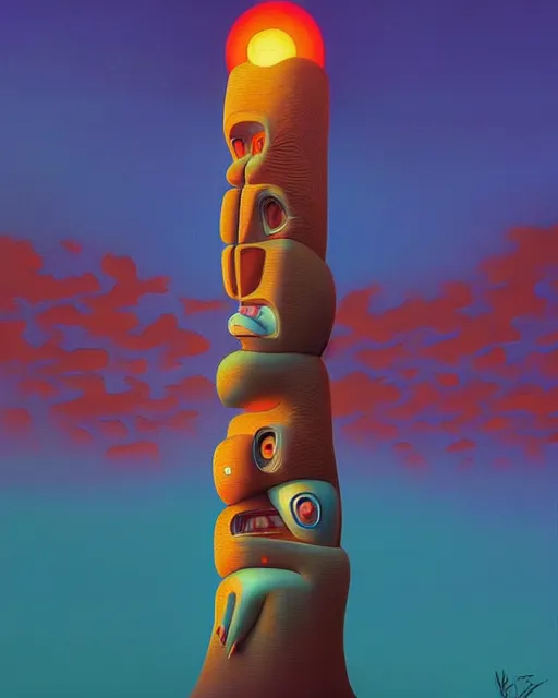 Image similar to a painting of randy manzo totem pole, a surrealist painting by Naoto Hattori, sunset, by Beeple, symmetry, by Makoto Shinkai and Lois van baarle, trending on deviantart, pop surrealism, lowbrow,, whimsical