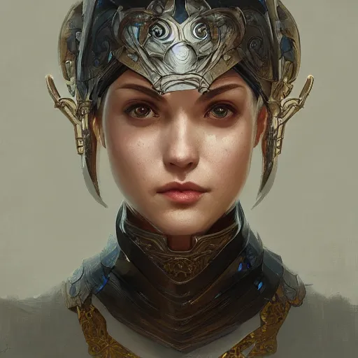 Image similar to portrait of knight, elegant, intricate, headshot, highly detailed, digital painting, artstation, concept art, sharp focus, illustration, art by artgerm and greg rutkowski and alphonse mucha