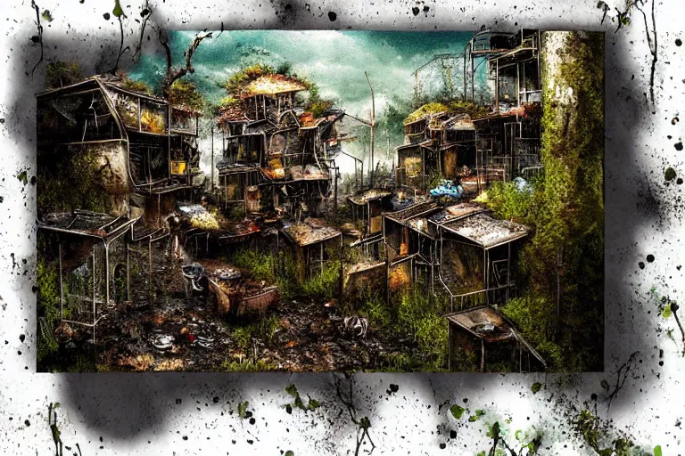 Prompt: favela fungus beehive, wooded environment, industrial factory, apocalyptic, award winning art, epic dreamlike fantasy landscape, ultra realistic,