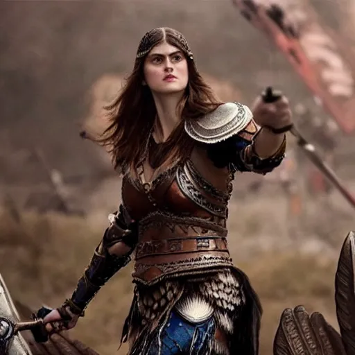 Prompt: full shot photo of alexandra daddario as a valkyrie warrior