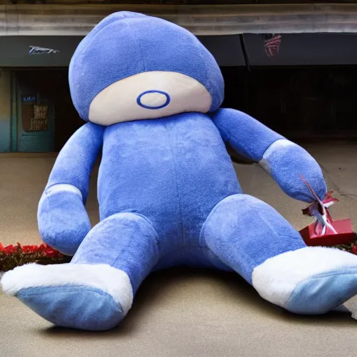 Image similar to blue'snappy gifts'human - sized plush doll, on sidewalk, holding gift, happy atmosphere, high detail, soft lighting, 8 k