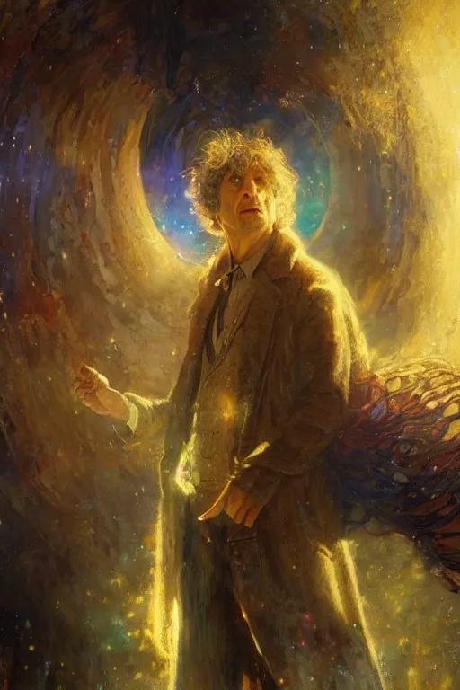 Image similar to neil gaiman as doctor who, radiant light, caustics, heroic, bright iridescent light, by gaston bussiere, bayard wu, greg rutkowski, maxim verehin bloom dramatic lighting