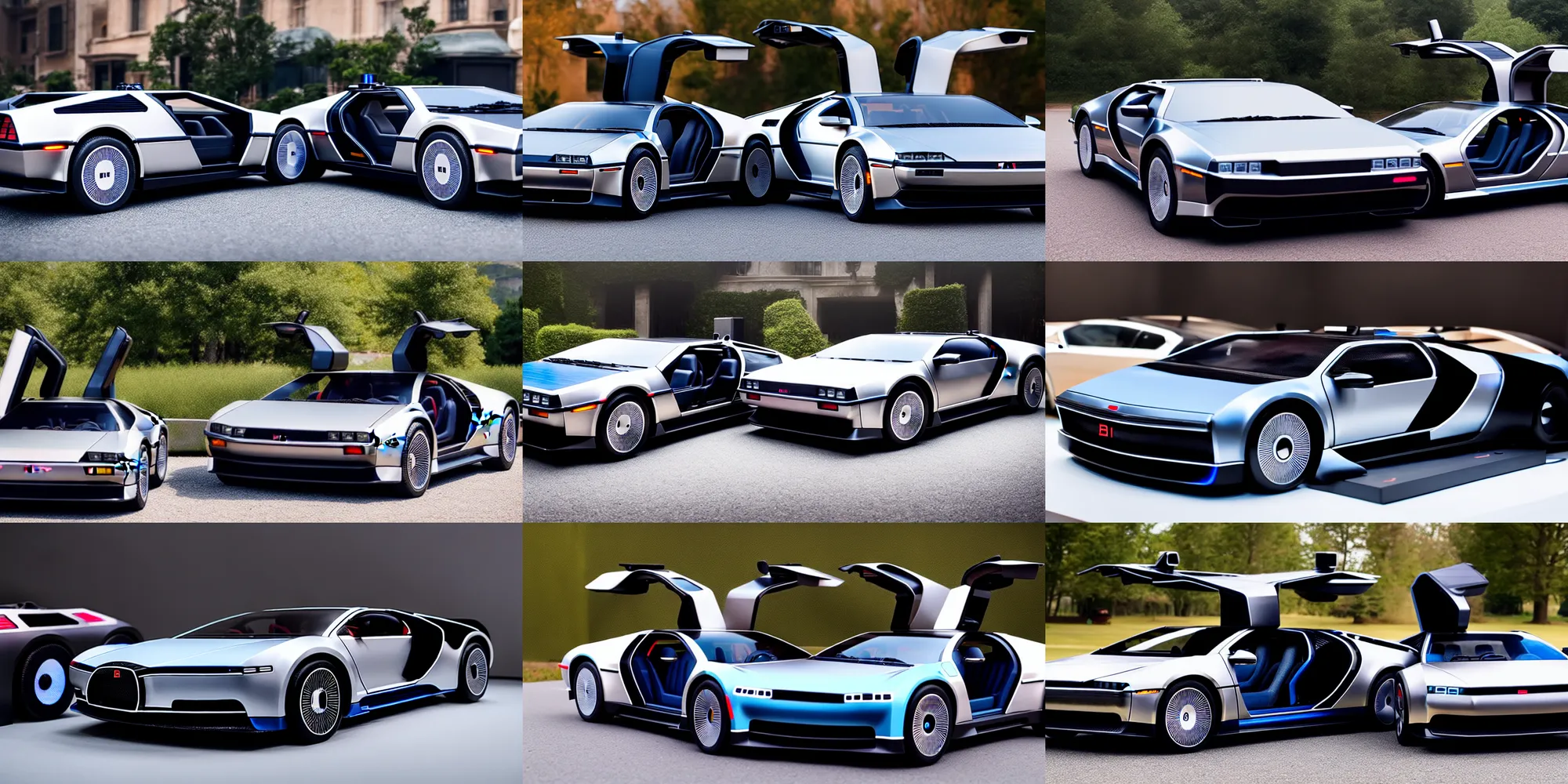 Image similar to a single delorean and bugatti chiron model 3 hybrid, dslr