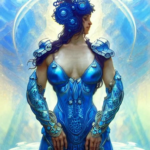 Image similar to a goddess of water wearing blue armor, with arms and hair turning into water, fantasy, intricate, elegant, highly detailed, digital painting, artstation, concept art, wallpaper, smooth, sharp focus, illustration, art by artgerm and greg rutkowski and alphonse mucha