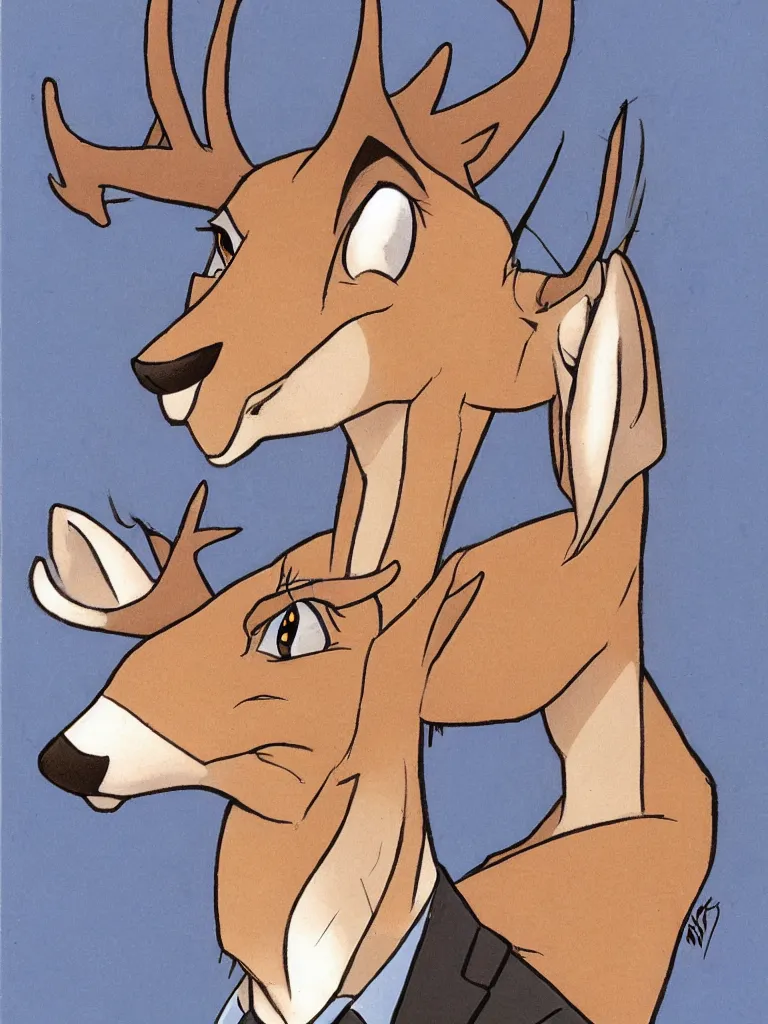 Image similar to a portrait of a male deer in suit, by Don Bluth