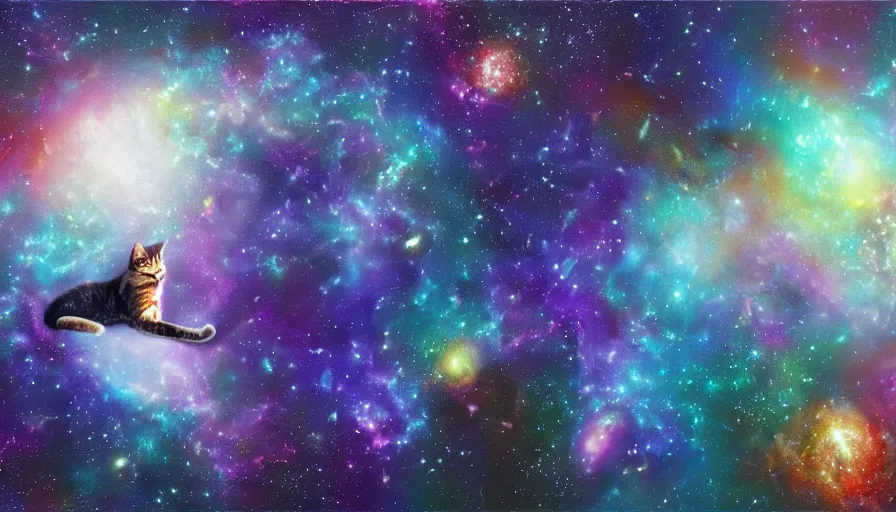 Image similar to cat god swimming in between galaxies, painting, detailed, heavenly, 4 k