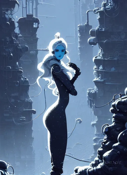 Image similar to highly detailed portrait of a hopeful frostpunk long blonde hair lady with curvy figure, stray wiring by atey ghailan, james gilleard, by joe fenton, by greg rutkowski, by greg tocchini, by kaethe butcher, 4 k resolution, gradient blue, black and white color scheme!!! ( ( glaciated robotic dystopian city background ) )