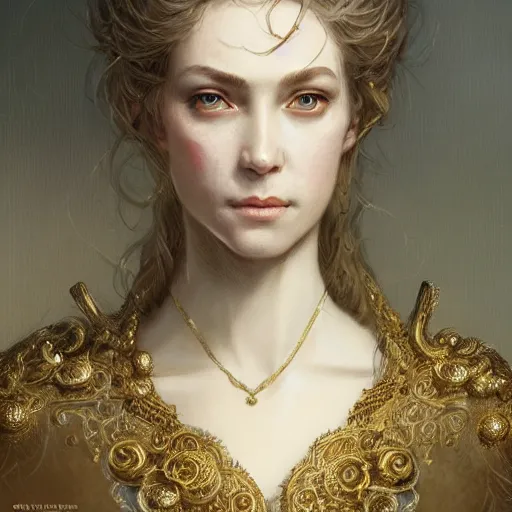 Image similar to female pale aristocrat, gold, character portrait, concept art, intricate details, highly detailed by greg rutkowski, michael whelan and gustave dore, face enhance, ultra detailed