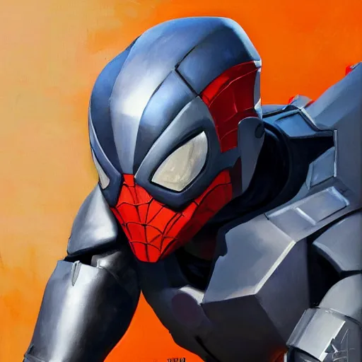 Image similar to greg manchess portrait painting of armored spiderman ultraman grey fox from metal gear cyborg gay japanese - american hybrid as overwatch character, medium shot, asymmetrical, profile picture, organic painting, sunny day, matte painting, bold shapes, hard edges, street art, trending on artstation, by huang guangjian and ail elvgren and sachin teng