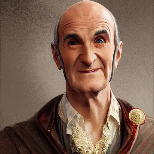 Prompt: smirking male bard, Louis de Funès, portrait, headshot, D&D, fantasy, highly detailed, digital painting, artstation, concept art, sharp focus, illustration, art by artgerm and greg rutkowski and alphonse mucha