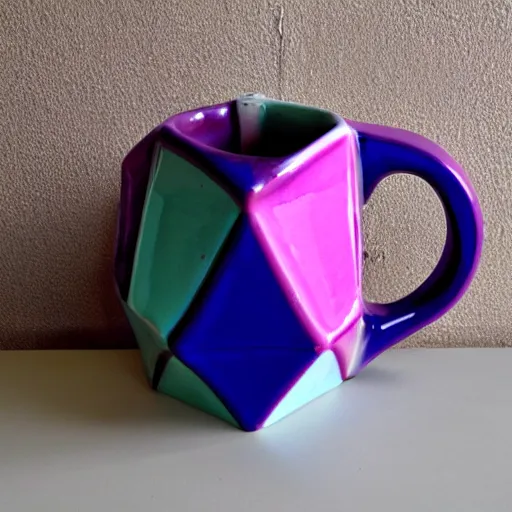 Image similar to tall icosahedron triangle ceramic mug with pink and purple pearlescent glaze