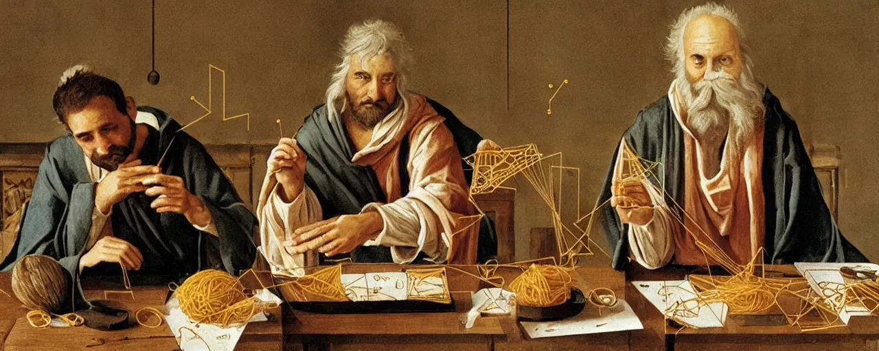 Image similar to the greek mathematician euclid discovering geometry with spaghetti, 3 0 0 bce, kodachrome, in the style of wes anderson, retro