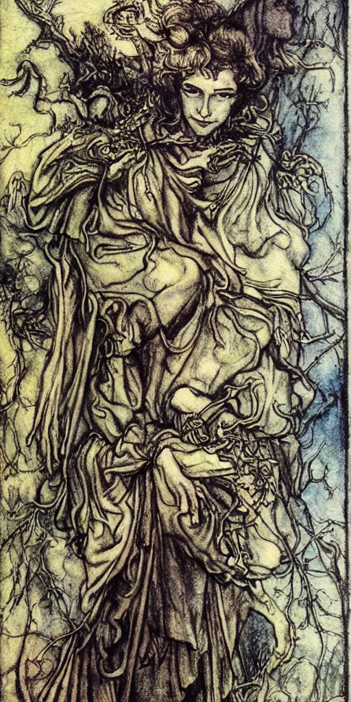 Image similar to tarot card detailed painting, illustration, tarot card framing with roman numbers, in style of Arthur Rackham