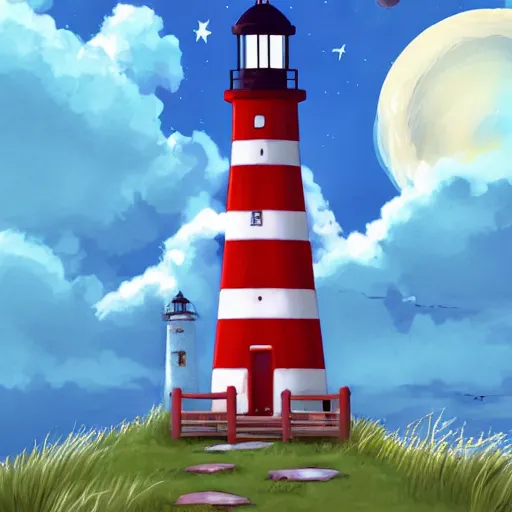 Prompt: beautiful cute cozy little lighthouse by the sea and a cozy cottage, well and fence, puffy clouds, stars, moon, anime style of hayao miyazaki, digital art trending on artstation