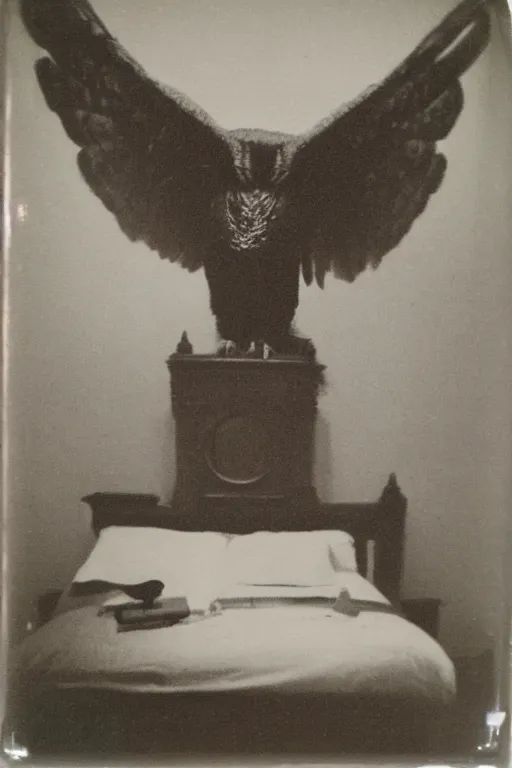 Prompt: paranormal polaroid of a singular demonic and very big owl perched on the bed headboard, low key lighting, creepy atmosphere