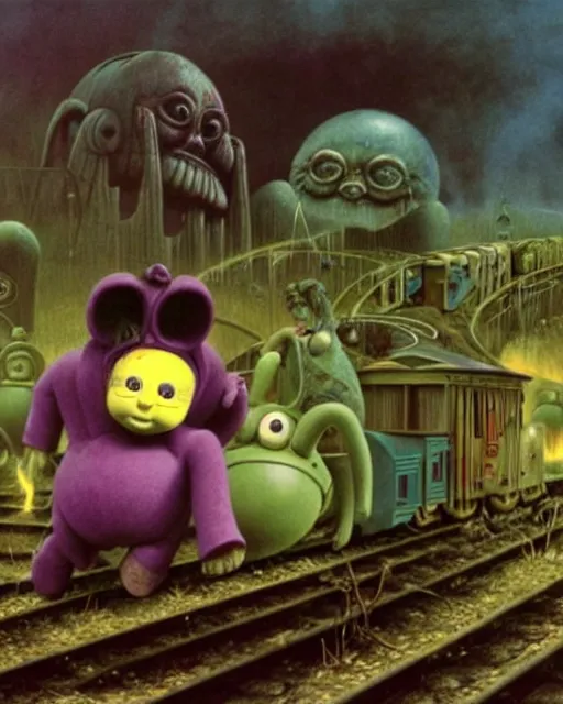 Image similar to still frame from thomas and friends by giger, happy teletubbies train by wayne barlowe, eldrich see thomas train by beksinski, grandiose demonic train with locomotive and endless wagons, 🚂