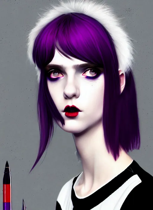 Image similar to portrait of white teenage girl, normal face, black bangs, mall goth, cyberlox, black and white hair, bangs, fluffy bangs, red contacts, purple lipstick, intricate, elegant, highly detailed, digital painting, artstation, concept art, sharp focus, smooth, illustration, art by wlop, mars ravelo and greg rutkowski