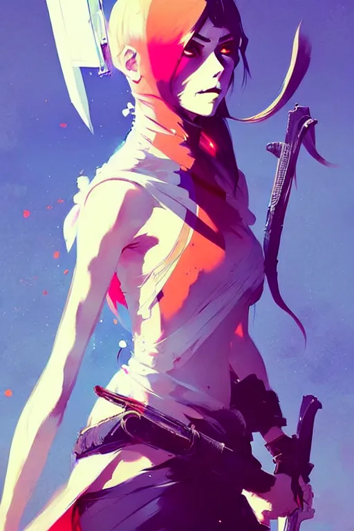 Prompt: a ultradetailed beautiful panting of a stylish woman with with a sword on her shoulder, by conrad roset, greg rutkowski and makoto shinkai trending on artstation