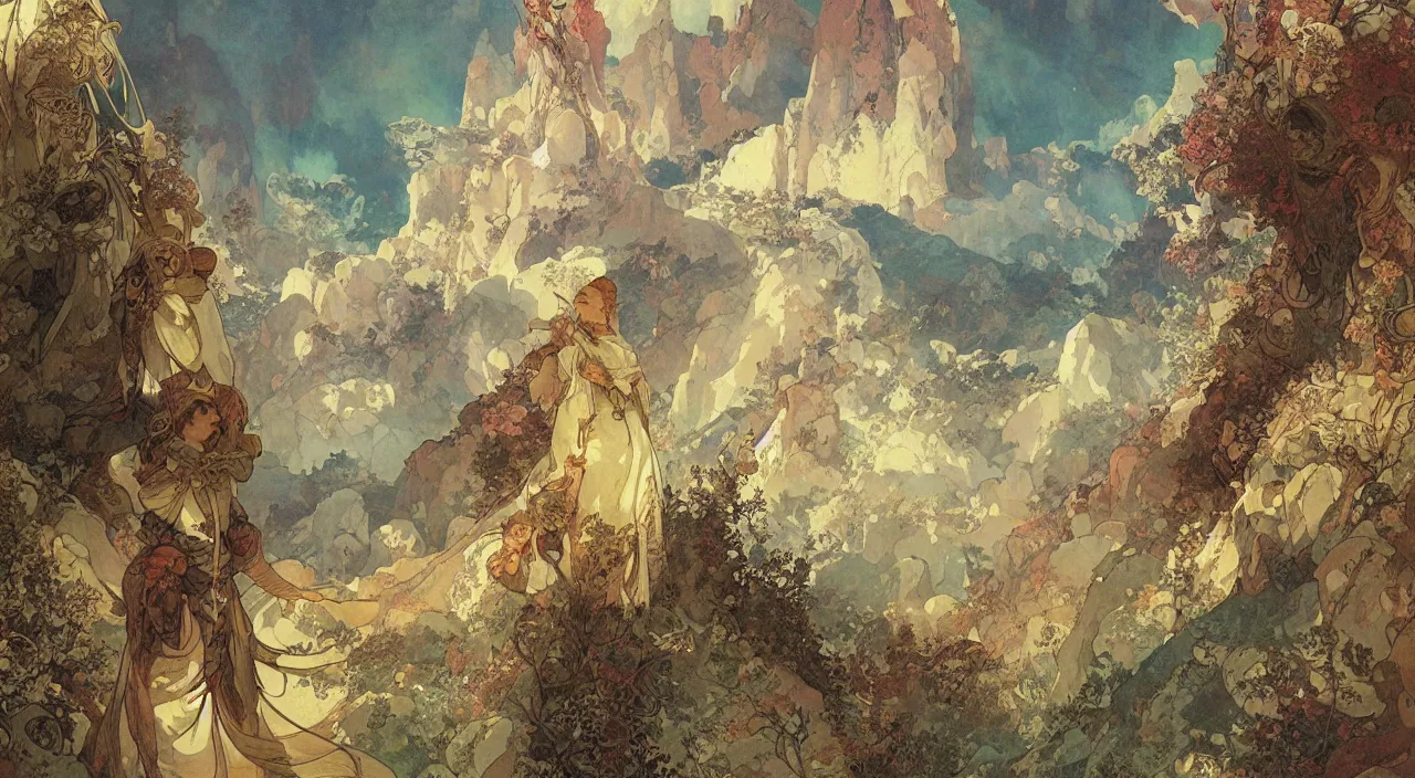 Prompt: A beautiful landscape painting of dystopian future in the mountains by Alfons Maria Mucha and Yoshitaka Amano and jean-honore fragonard