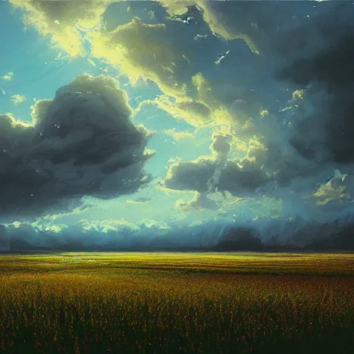 Prompt: A beautiful painting of a field, neon lights sky across tumultuous clouds by greg rutkowski and thomas kinkade