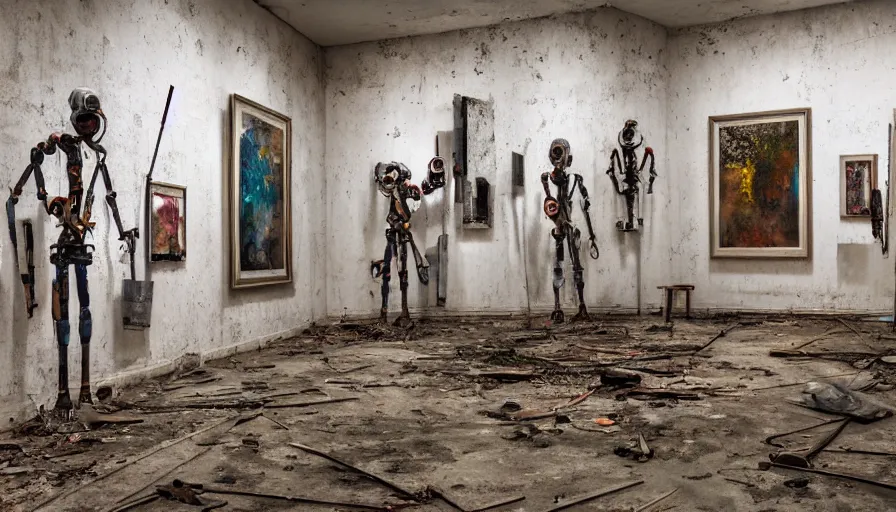 Image similar to abandoned art gallery, robots with articulated metal hands hold paintbrushes against photos of landscapes hung on the walls, dramatic lighting, 4 k