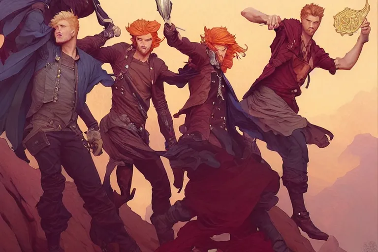 Prompt: dramatic portrait of 3 rowdy brothers!!, one blond man, one ginger man, one brunet man!!! by artgerm, cushart krenz, greg rutkowski, mucha. art nouveau. gloomhaven, 3 brothers!!, vibrant colors, sharp edges. ultra clear detailed. 8 k. elegant, intricate, octane render